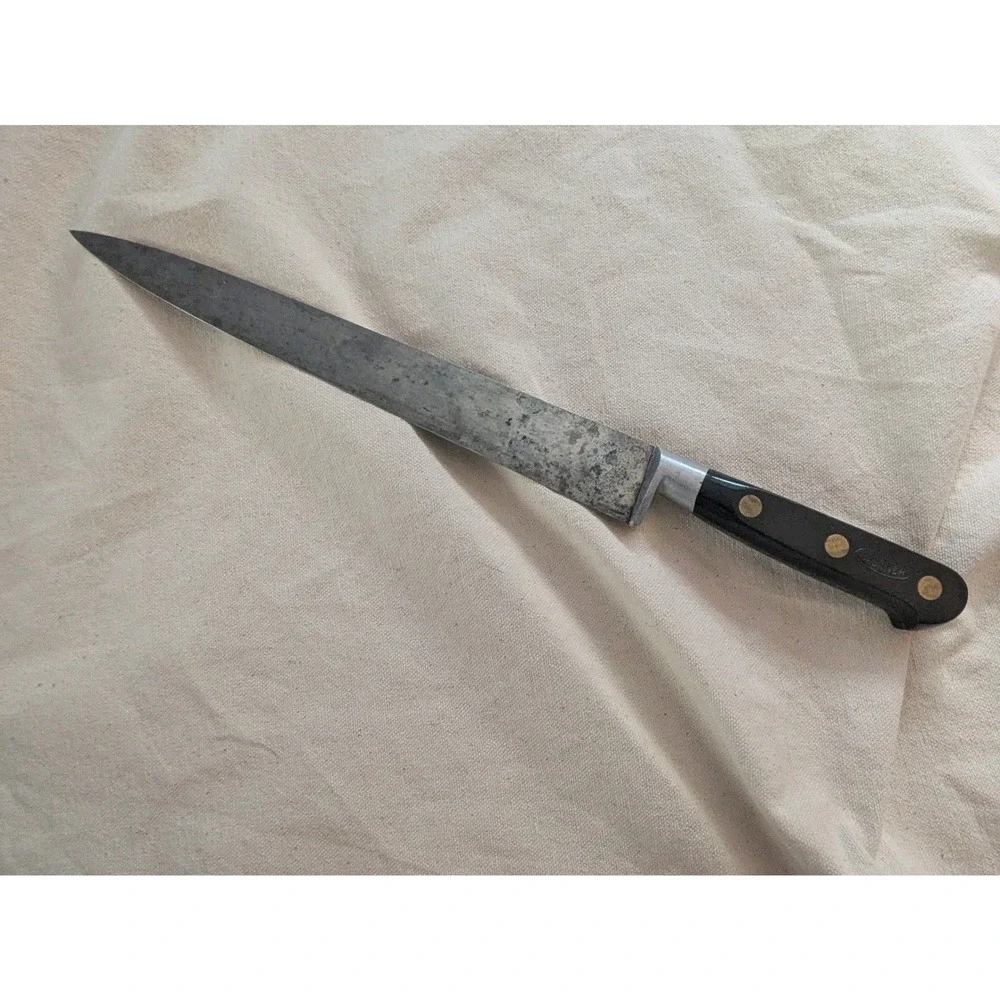 Vintage Sabatier Carbon Steel Slicing Knife 9 Inch Blade Brass Rivets France
